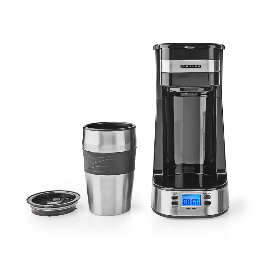 Butler - Koffiezetapparaat voor 1 kopje 0,4 l met timer en reisbeker 750W/230V roestvrij staal/zwart