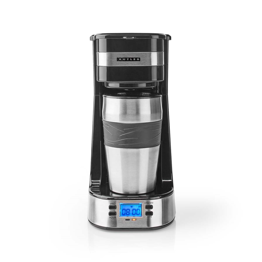 Butler - Koffiezetapparaat voor 1 kopje 0,4 l met timer en reisbeker 750W/230V roestvrij staal/zwart