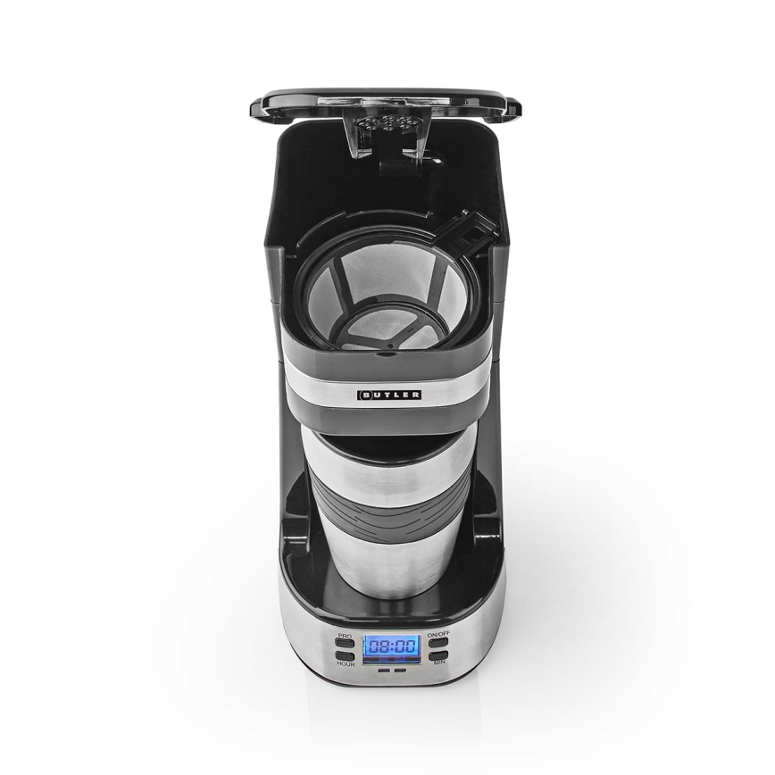 Butler - Koffiezetapparaat voor 1 kopje 0,4 l met timer en reisbeker 750W/230V roestvrij staal/zwart