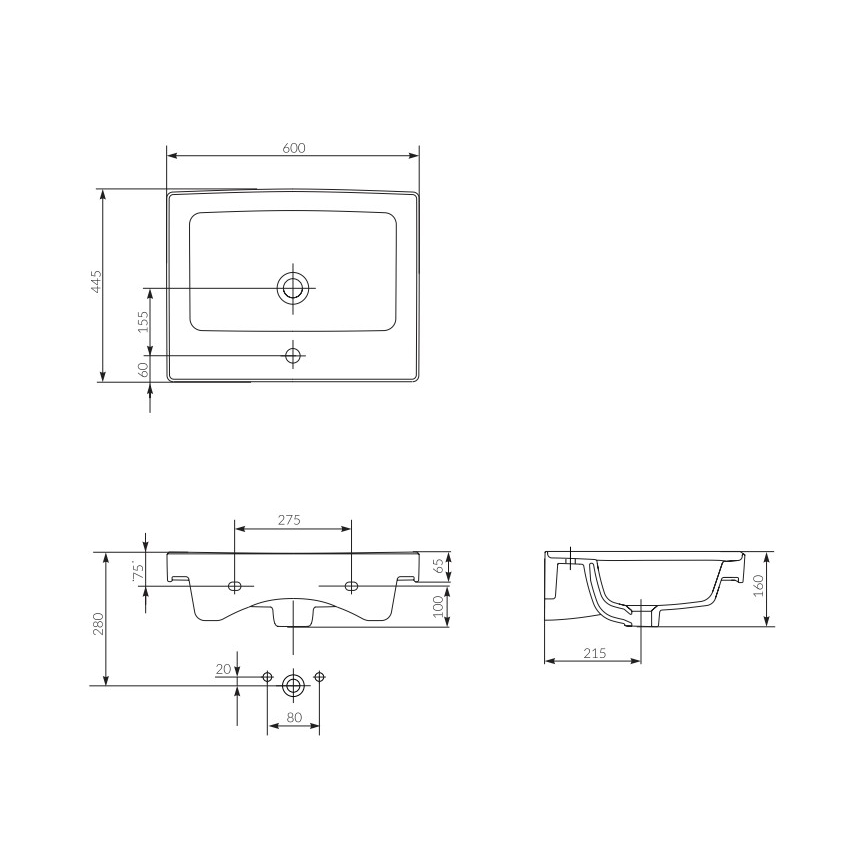 Cersanit K114-006 - Inbouwwastafel CREA 44,5x60 cm keramiek/glanzend wit