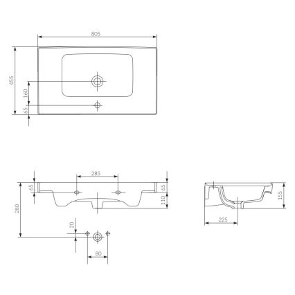 Cersanit K114-017 - Opbouw-/wandhangende wastafel CREA 44,5 x 80,5 cm, keramiek, glanzend wit