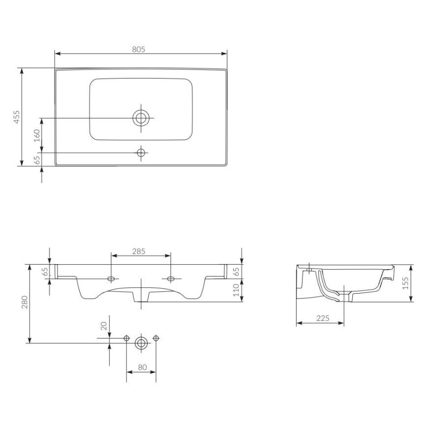 Cersanit K114-017 - Opbouw-/wandhangende wastafel CREA 44,5 x 80,5 cm, keramiek, glanzend wit