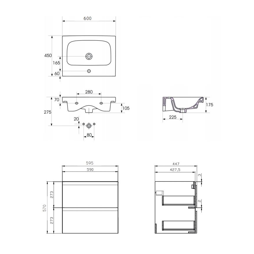 Cersanit S801-223-DSM - MODUO hangend badmeubel met wastafel 60x45 cm, glanzend wit