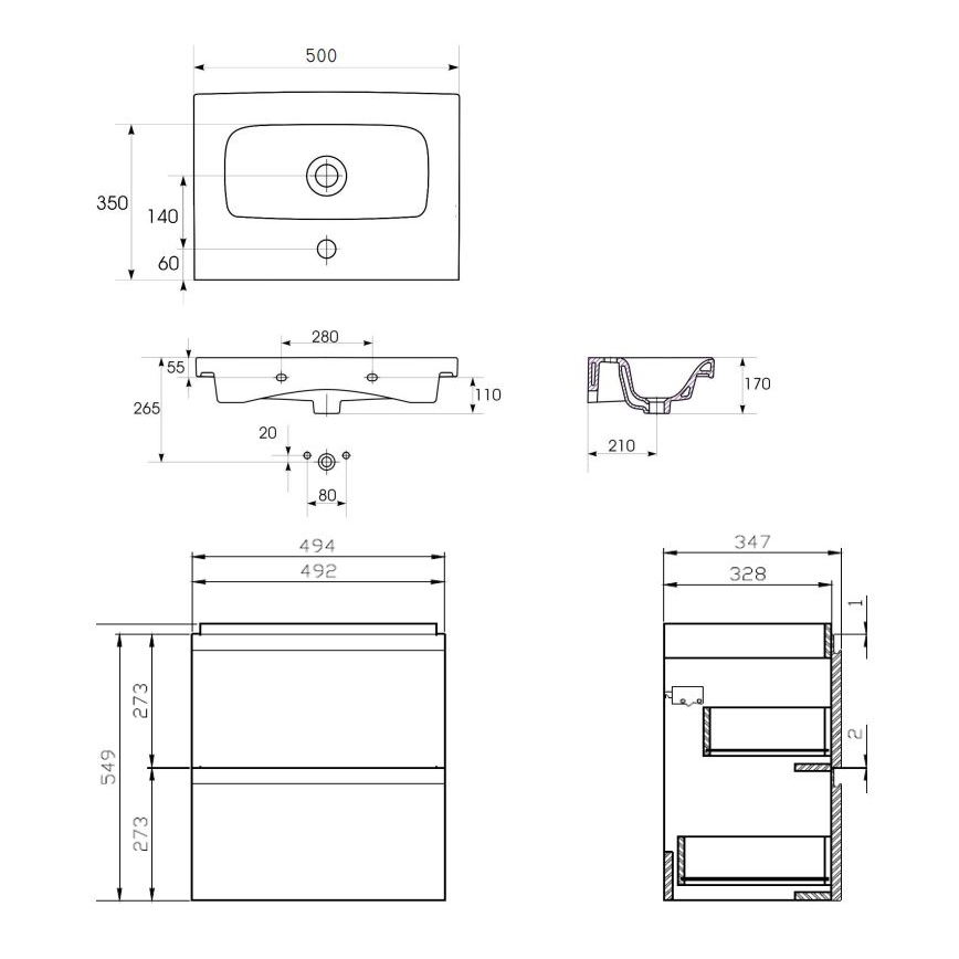 Cersanit S801-229-DSM - Hangende badkamerskast met wastafel MEDA SLIM 62x50 cm glanzend wit