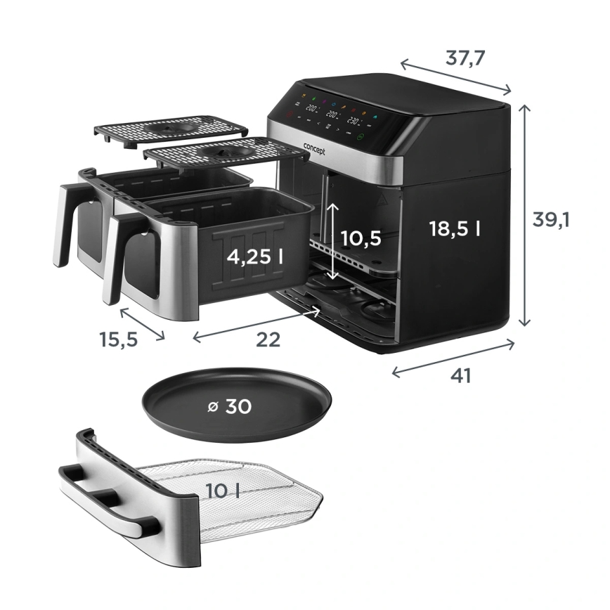 Concept FR9000 - Airfryer PIZZA TRIO 18,5 l 2700W/230V roestvrij staal/zwart