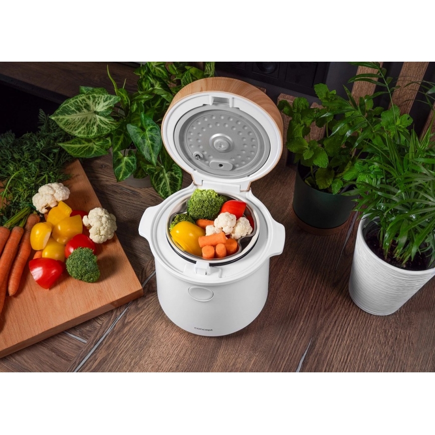 Concept RE3030 - Digitale rijstkoker 2-in-1 380W/230V 1,5 l wit/houtdecor