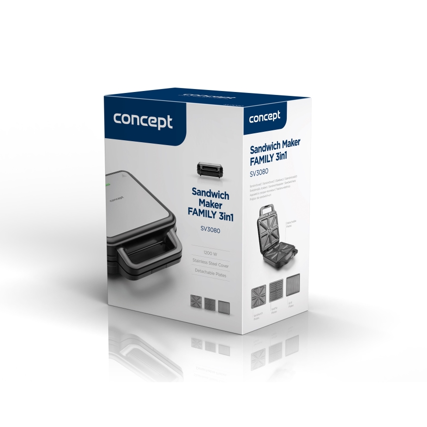 Concept SV3080 - Sandwich maker FAMILY 3in1 1200W/230V zwart/roestvrij