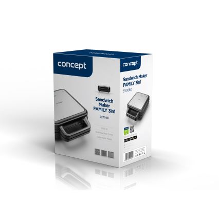 Concept SV3080 - Sandwich maker FAMILY 3in1 1200W/230V zwart/roestvrij