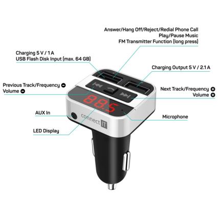 CONNECT IT CCC-8800-SL - FM-autozender met handsfreefunctie zwart/zilver