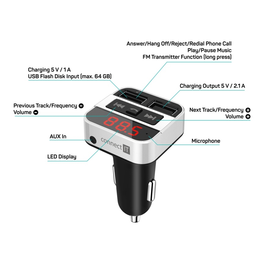 CONNECT IT CCC-8800-SL - FM-autozender met handsfreefunctie zwart/zilver