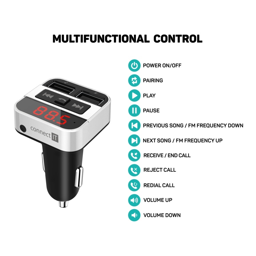 CONNECT IT CCC-8800-SL - FM-autozender met handsfreefunctie zwart/zilver
