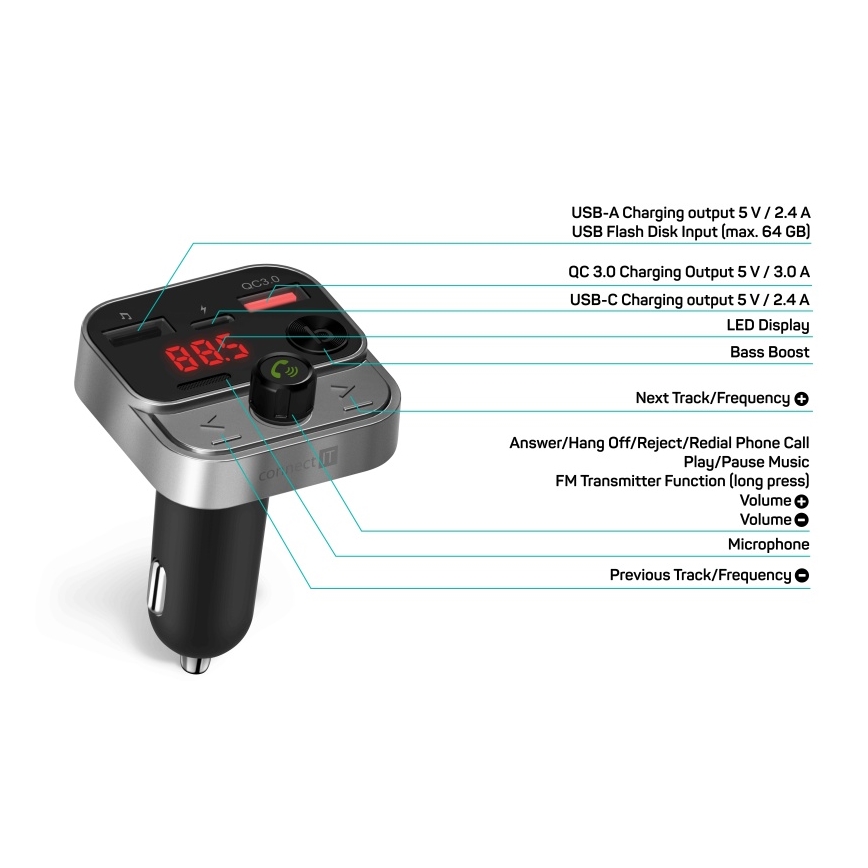 CONNECT IT CCC-8900-AN - FM-autozender met handsfreefunctie zwart/zilver
