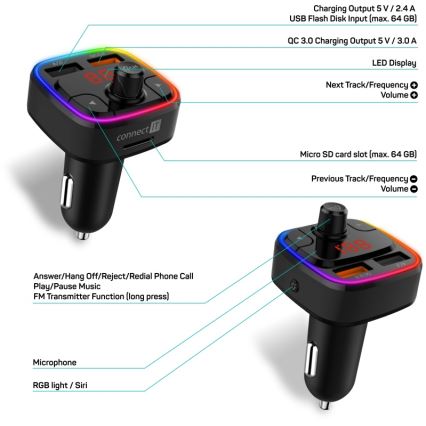 CONNECT IT CCC-9090-BK - LED RGB FM-autozender met handsfreefunctie zwart