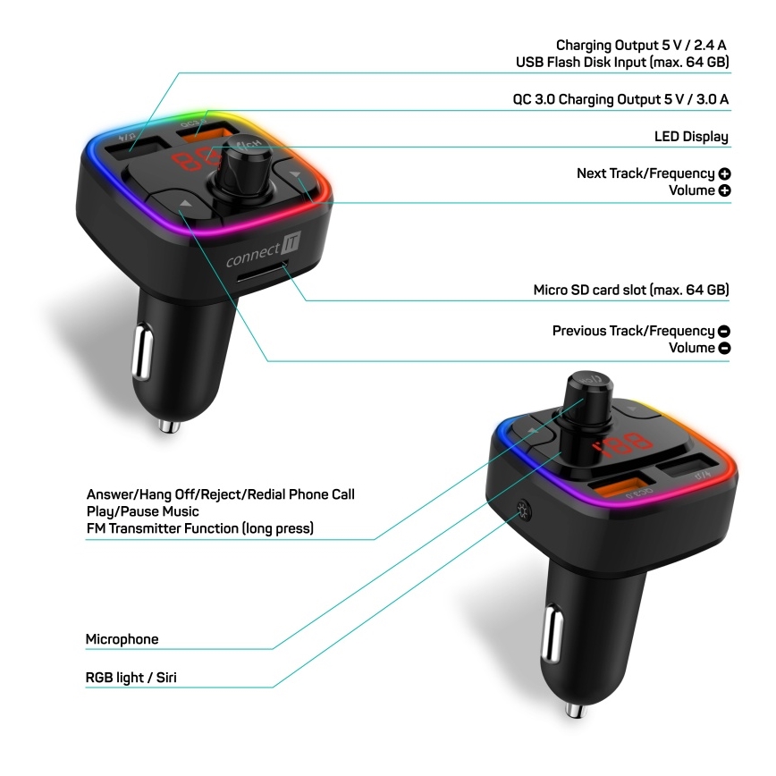 CONNECT IT CCC-9090-BK - LED RGB FM-autozender met handsfreefunctie zwart