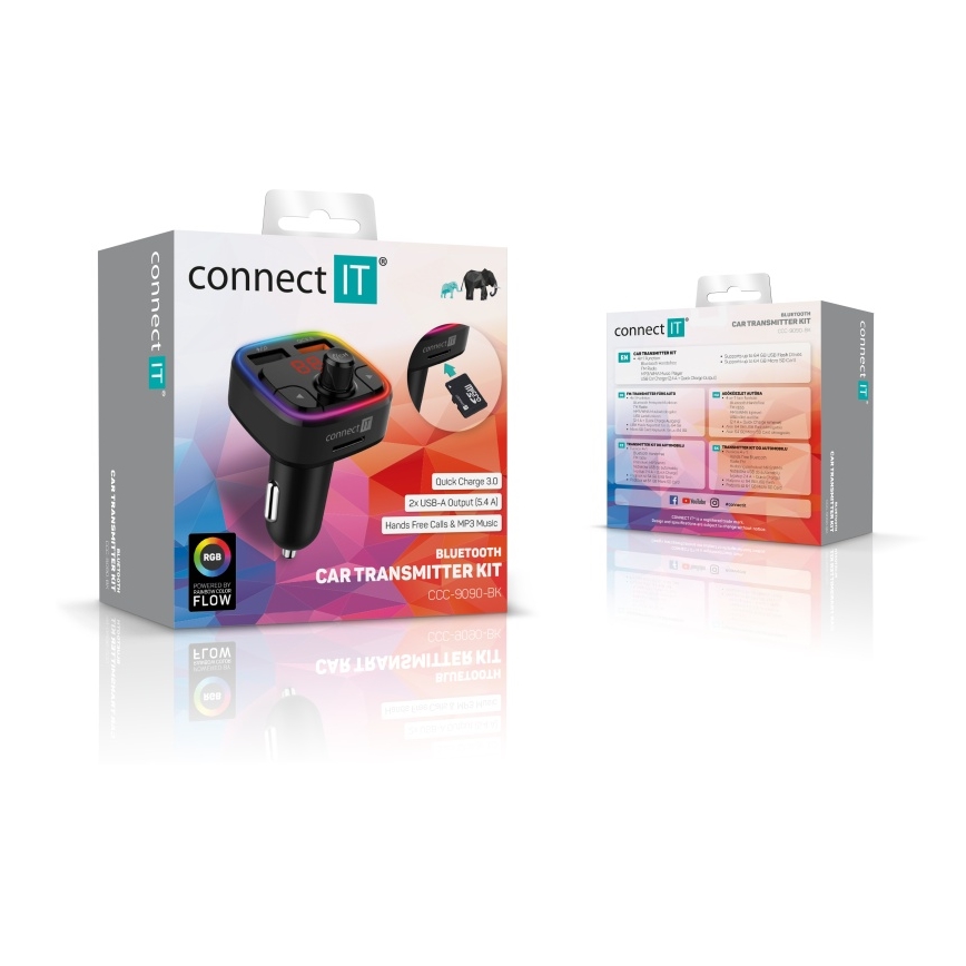 CONNECT IT CCC-9090-BK - LED RGB FM-autozender met handsfreefunctie zwart