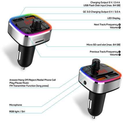 CONNECT IT CCC-9090-SL - LED RGB FM-autozender met handsfreefunctie zwart/zilver