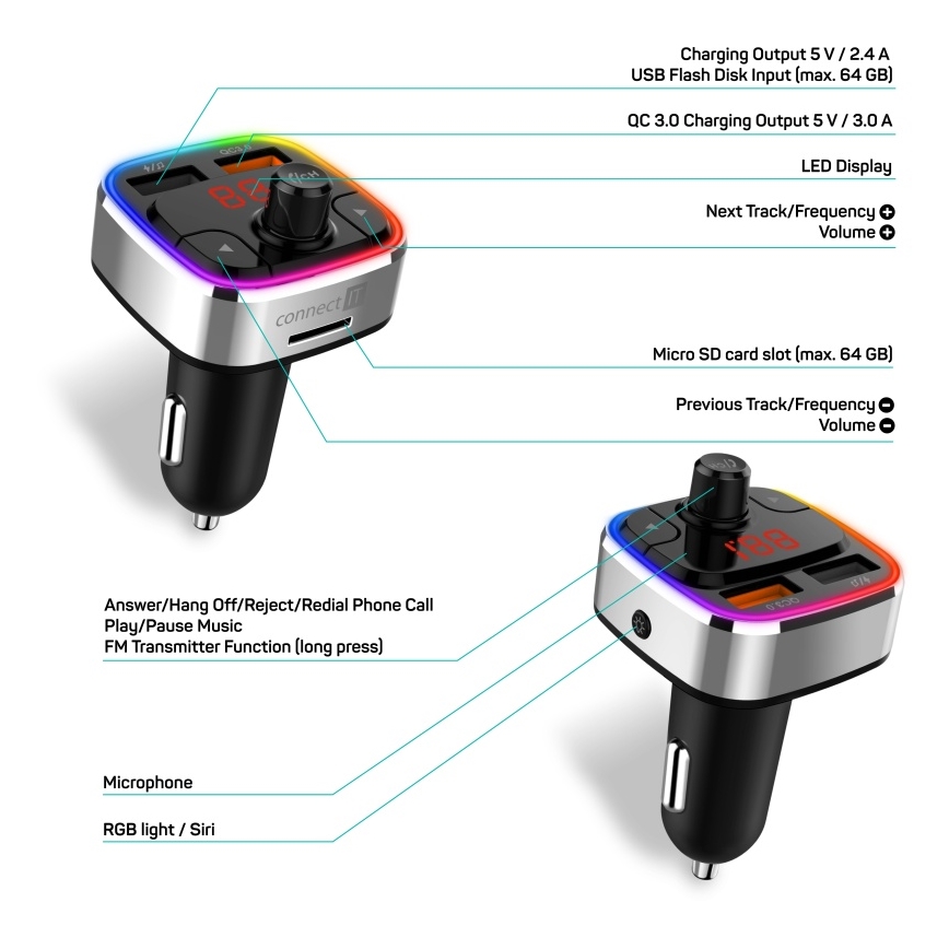 CONNECT IT CCC-9090-SL - LED RGB FM-autozender met handsfreefunctie zwart/zilver