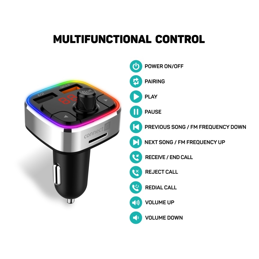 CONNECT IT CCC-9090-SL - LED RGB FM-autozender met handsfreefunctie zwart/zilver