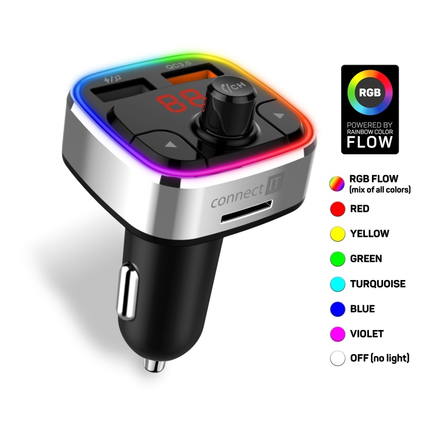 CONNECT IT CCC-9090-SL - LED RGB FM-autozender met handsfreefunctie zwart/zilver