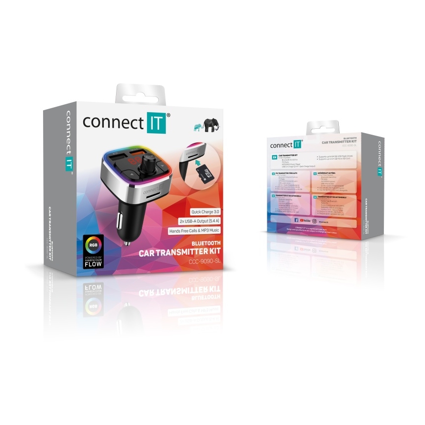 CONNECT IT CCC-9090-SL - LED RGB FM-autozender met handsfreefunctie zwart/zilver