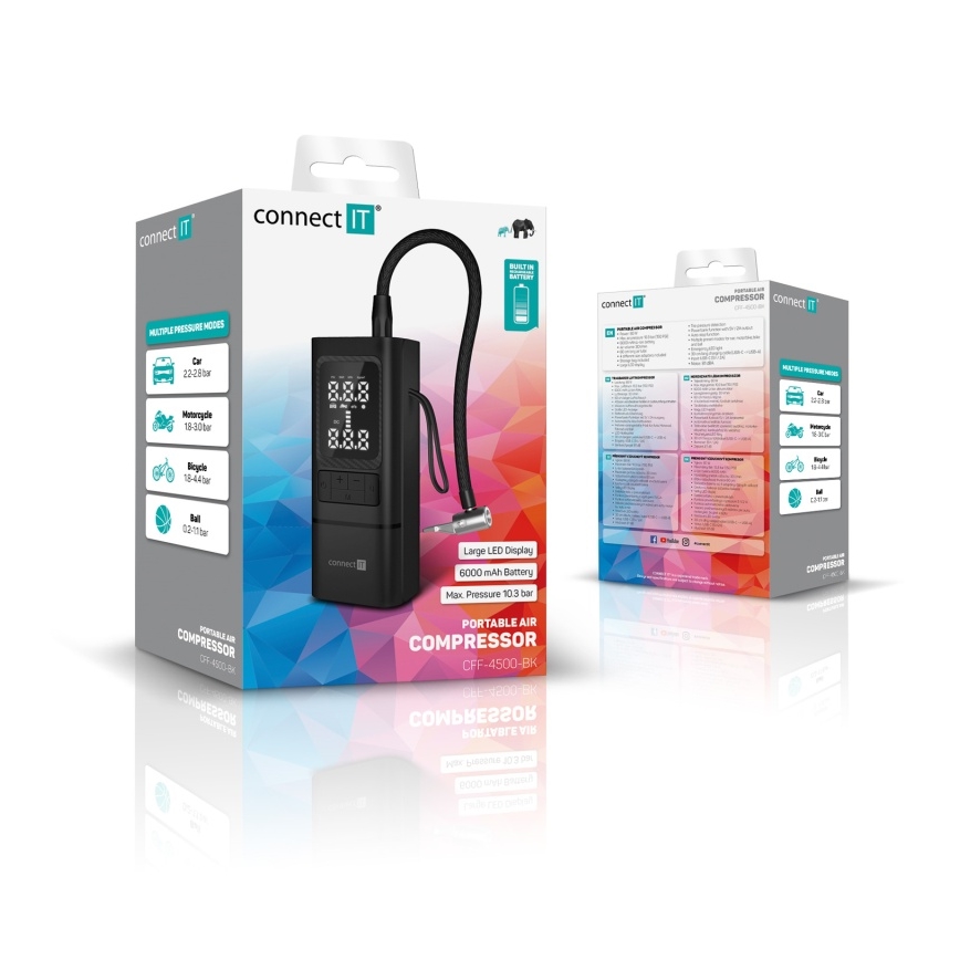 CONNECT IT CFF-4500-BK - Digitale draagbare compressor AirFlow 80W/6000 mAh zwart