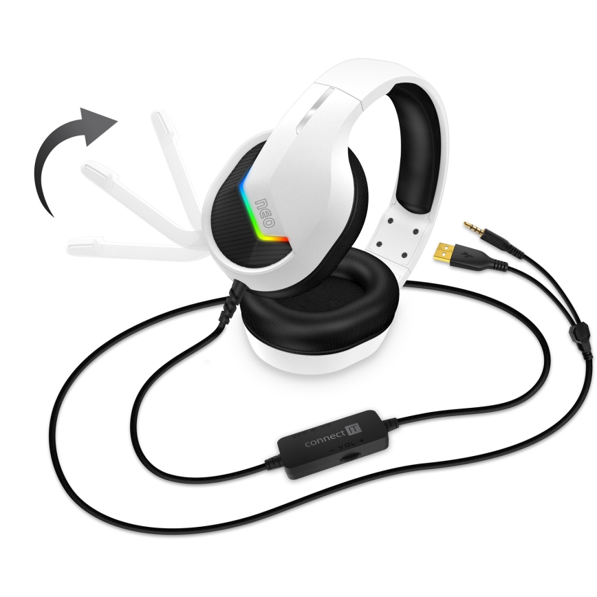CONNECT IT CHP-3595-WH - LED RGB Bedrade gaming-koptelefoons met een microfoon wit/zwart
