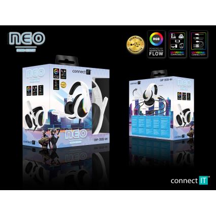 CONNECT IT CHP-3595-WH - LED RGB Bedrade gaming-koptelefoons met een microfoon wit/zwart