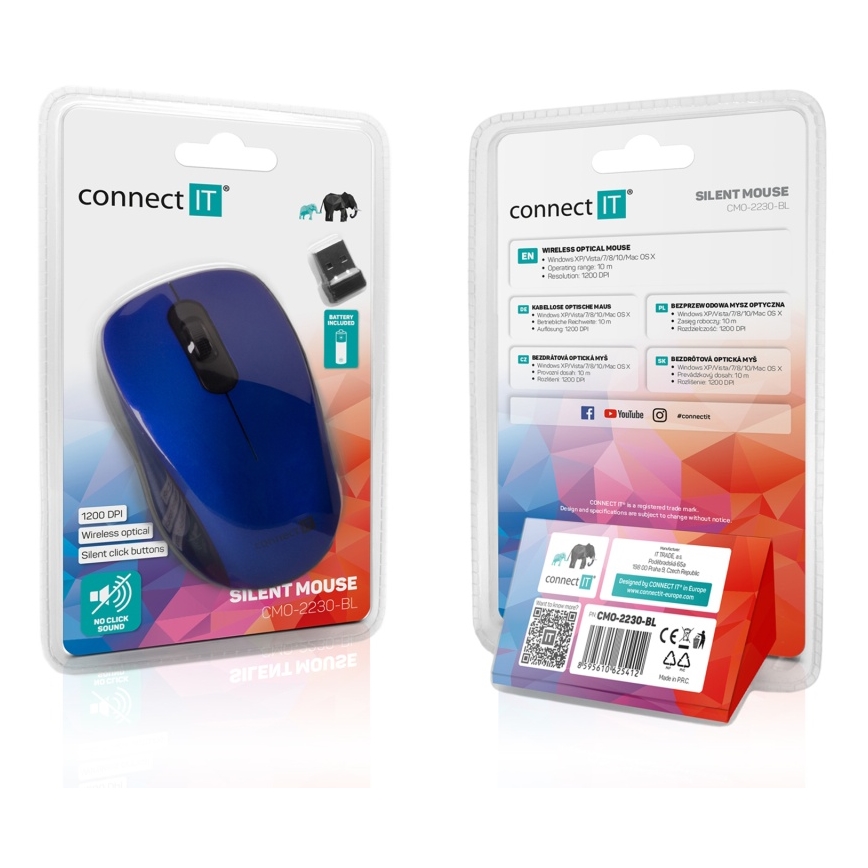 CONNECT IT CMO-2230-BL - Draadloze stille muis MUTE 1200 DPI 1xAA zwart/blauw