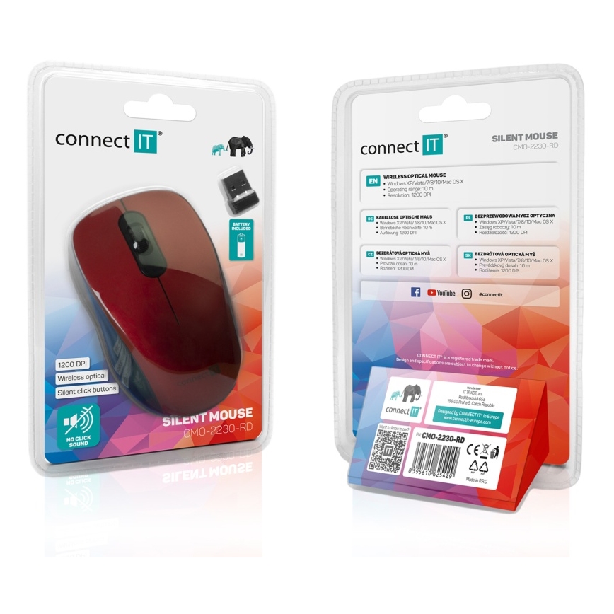 CONNECT IT CMO-2230-RD - Draadloze stille muis MUTE 1200 DPI 1xAA zwart/rood