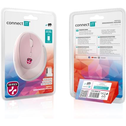 CONNECT IT CMO-2600-PK - Ergonomische draadloze muis 800/1200/1600 DPI 1xAA roze