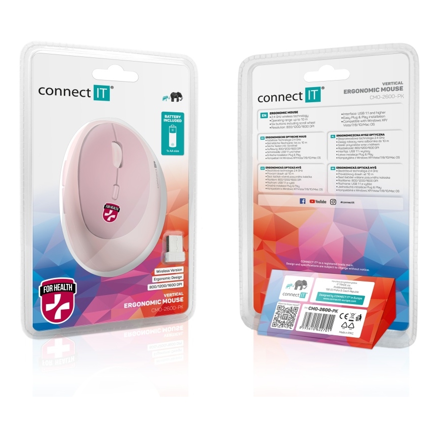 CONNECT IT CMO-2600-PK - Ergonomische draadloze muis 800/1200/1600 DPI 1xAA roze