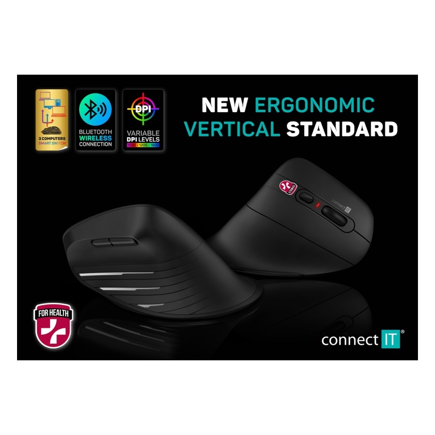 CONNECT IT CMO-2880-BK - Ergonomische draadloze muis Verti TriMode 1000/1600/2400 DPI 2xAAA zwart