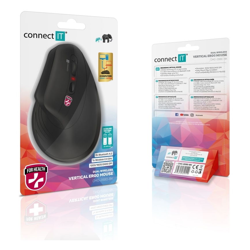 CONNECT IT CMO-2880-BK - Ergonomische draadloze muis Verti TriMode 1000/1600/2400 DPI 2xAAA zwart
