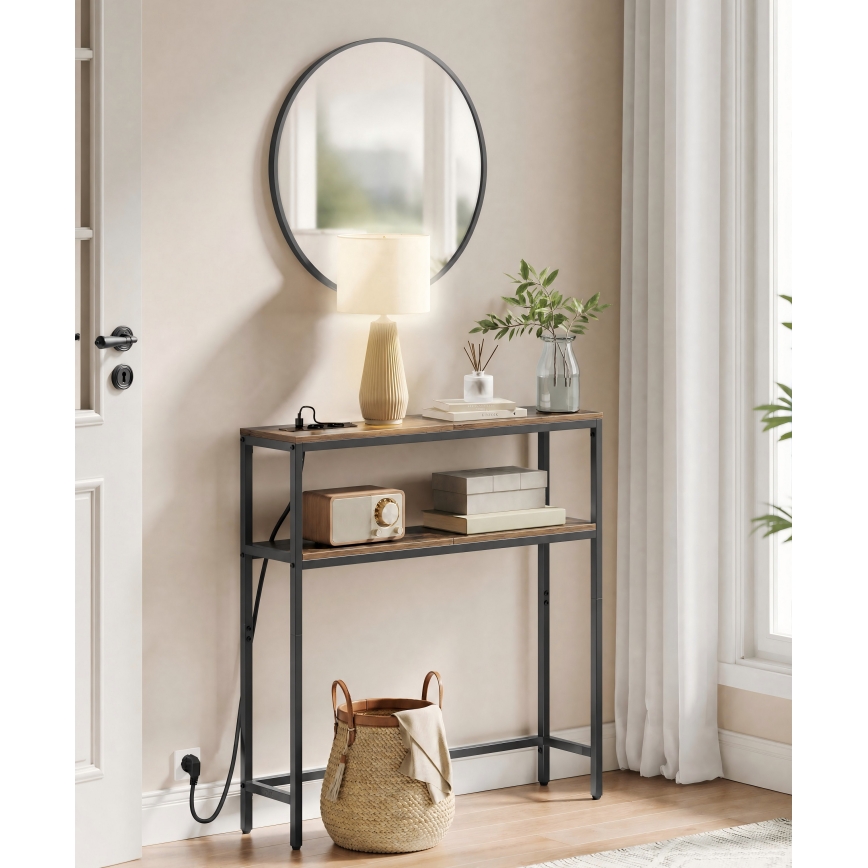 Consoletafel met geïntegreerde stopcontacten en USB-poorten LUVOR 80x20 cm bruin/zwart