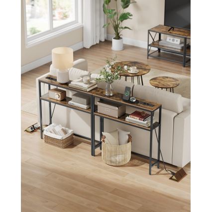 Consoletafel met geïntegreerde stopcontacten en USB-poorten LUVOR 80x20 cm bruin/zwart