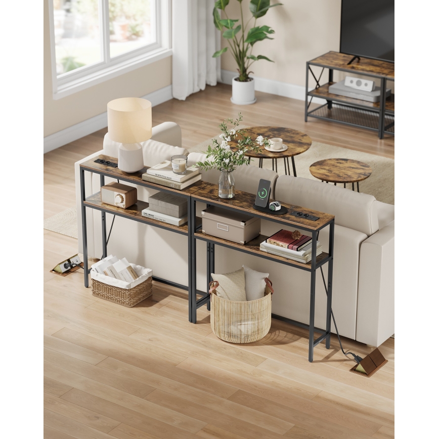 Consoletafel met geïntegreerde stopcontacten en USB-poorten LUVOR 80x20 cm bruin/zwart