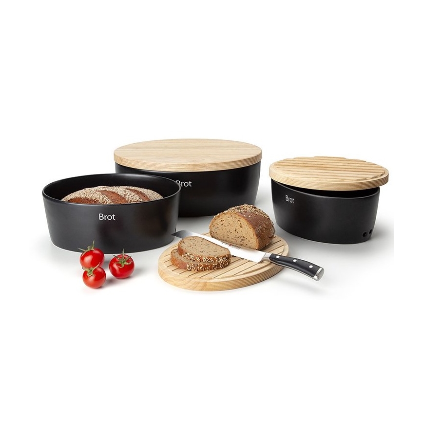 Continenta C3730 - Broodtrommel met deksel 30x23 cm zwart/rubberhout