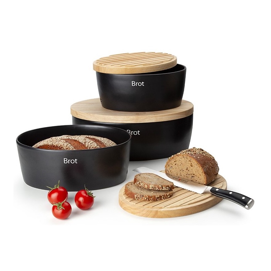 Continenta C3732 - Broodtrommel met deksel 36x23 cm zwart/rubberhout
