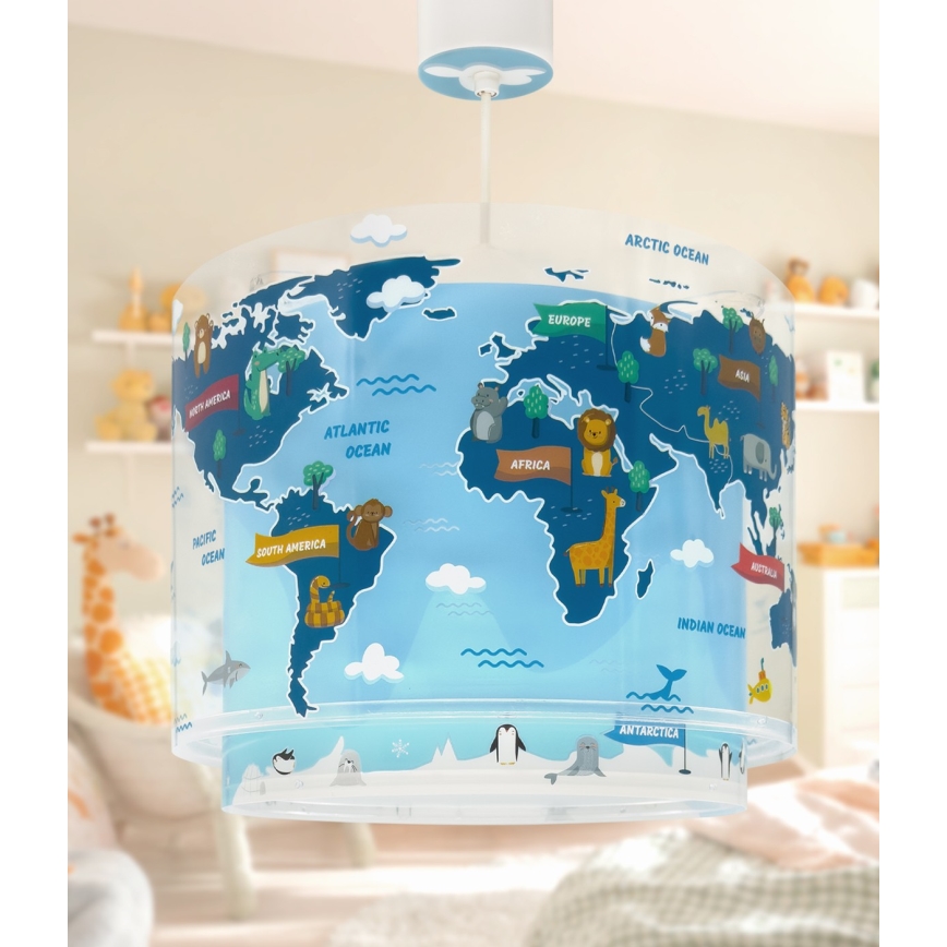 Dalber 40672 - Kinderkroonluchter WORLD 1xE27/15W/230V blauw