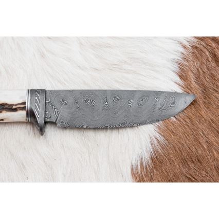 Damascus jachtmes 11,8 cm walnoot/herten gewei
