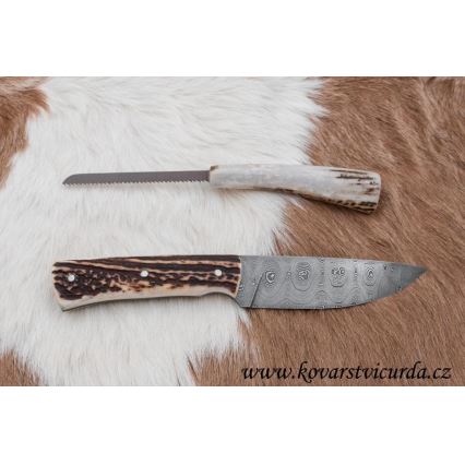 Damascus jachtmes met minizaag 11 cm herten gewei