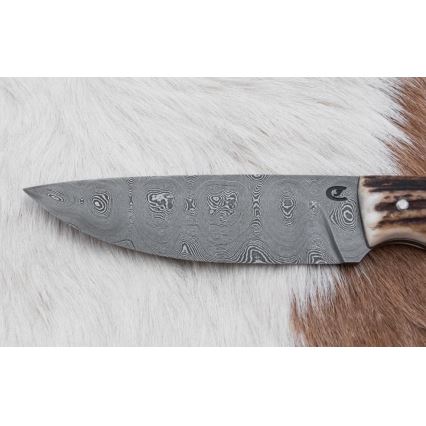 Damascus jachtmes met minizaag 11 cm herten gewei