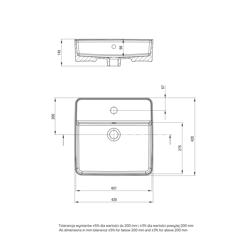 Deante CGS_6U4B - Opbouwwastafel met kraangat SQUARE 42x42 cm keramiek/wit