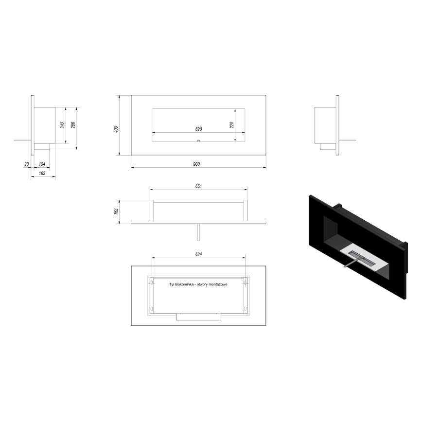 Kratki - Inbouw BIO haard 40x90 cm 2kW zwart