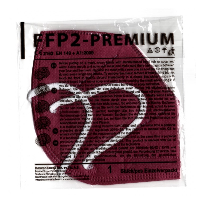 DEXXON MEDICAL Mondkapje FFP2 NR rode wijn kleur 100st