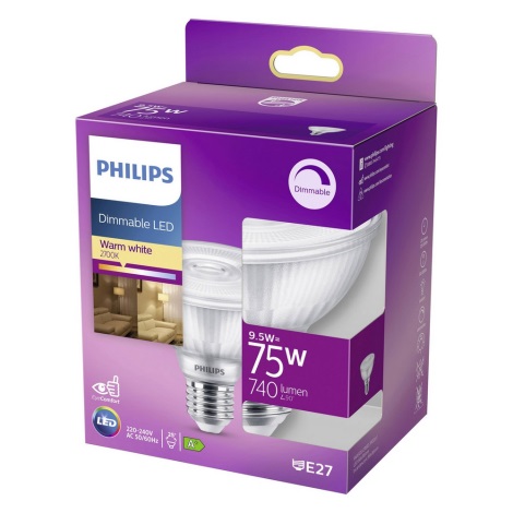 Dimbare LED Lamp Philips E27/9,5W/230V 2700K