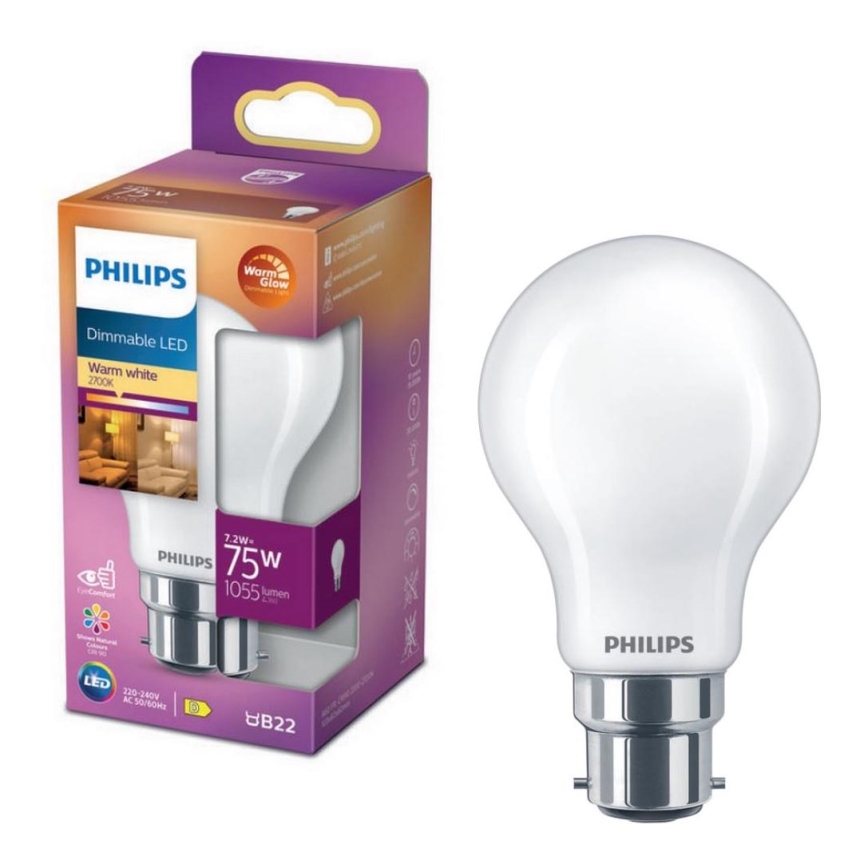 Dimbare LED Lamp Philips Warm Glow A60 B22/7,2W/230V 2200-2700K CRI 90