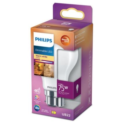 Dimbare LED Lamp Philips Warm Glow A60 B22/7,2W/230V 2200-2700K CRI 90