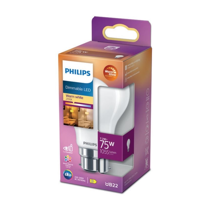 Dimbare LED Lamp Philips Warm Glow A60 B22/7,2W/230V 2200-2700K CRI 90