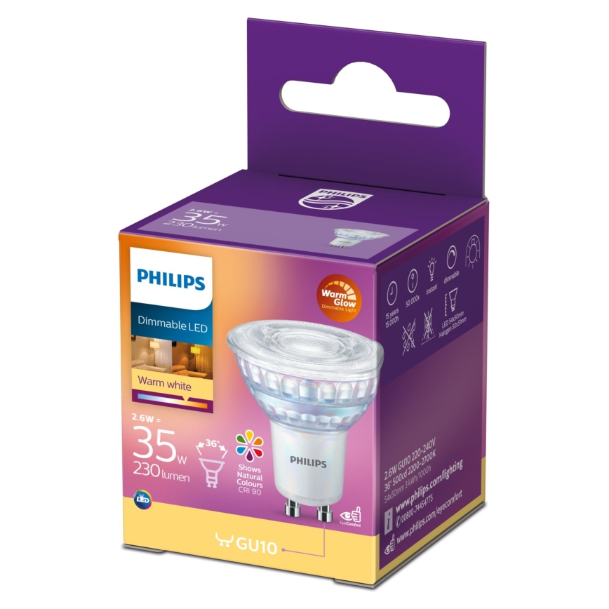 Dimbare LED Lamp Philips Warm Glow GU10/2,6W/230V 2200-2700K CRI 90